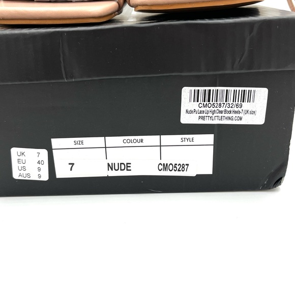NIB Pretty Little Thing Nude Lace Up High Clear Block Heels Size 9 - Picture 10 of 12